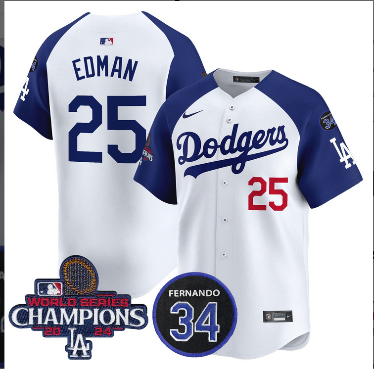 Men MLB Los Angeles Dodgers #25 Edman white 2024 World Series Champions Patch Limited Jersey style 2